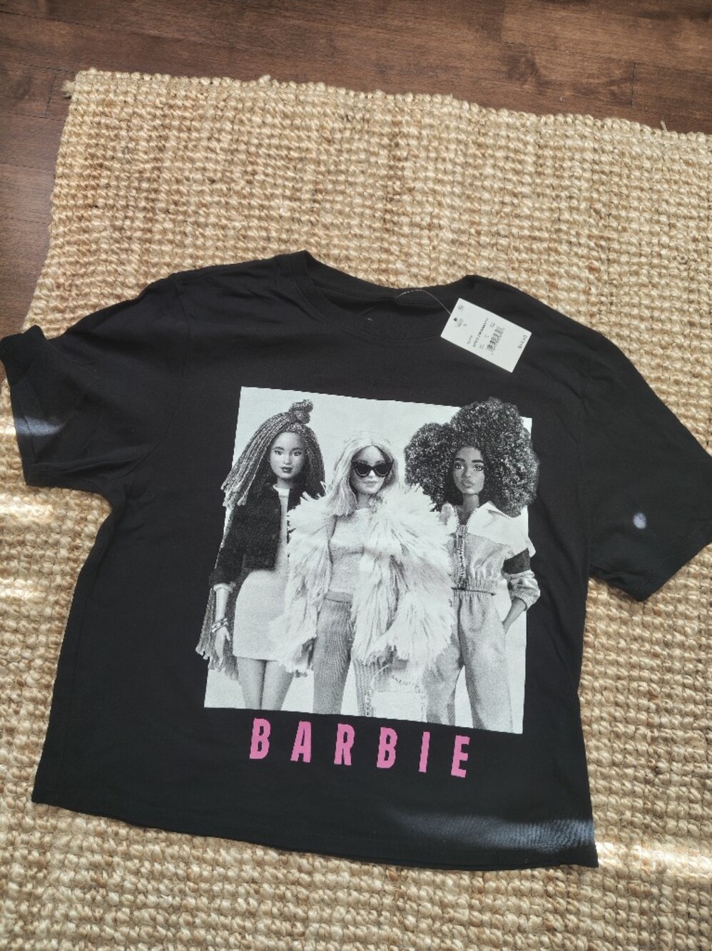 Ltd edition Barbie Black Short Sleeve Tee with Pink Logo and B&W Photo Print
